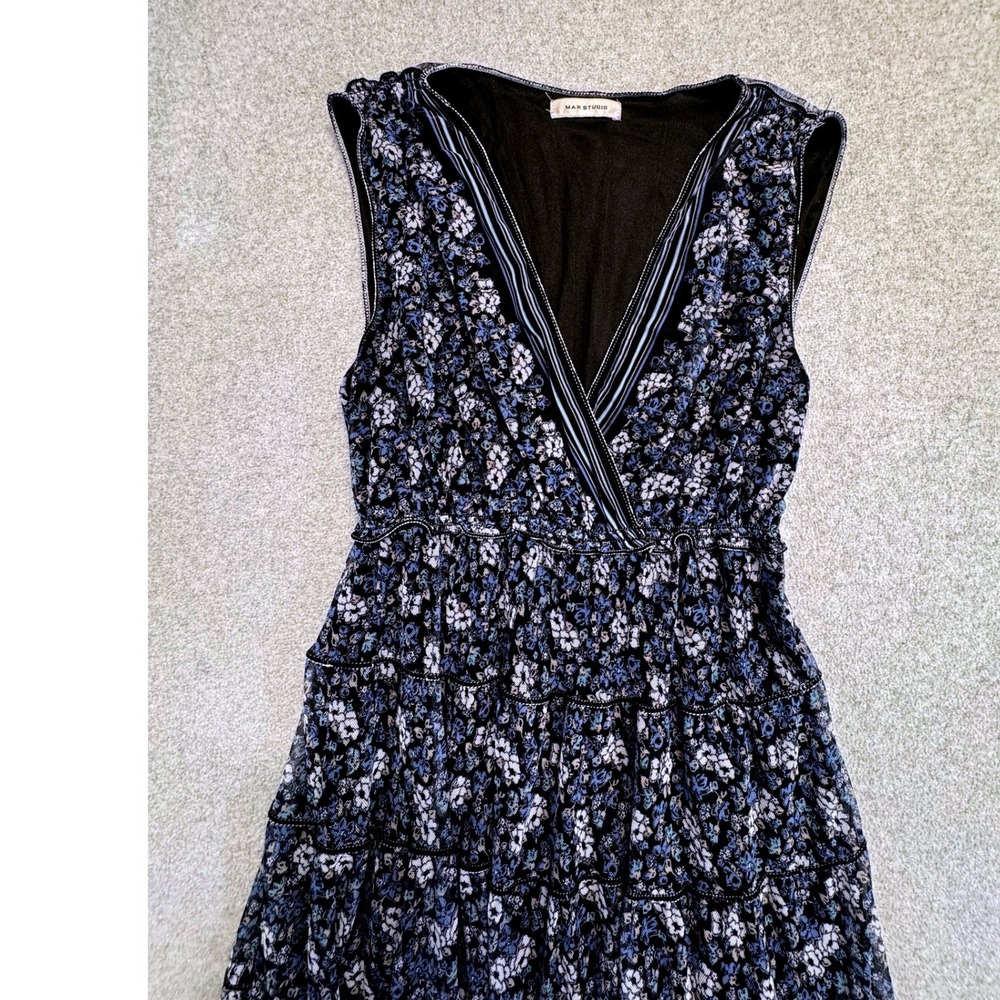 Max Studio Small Floral Tiered Maxi Dress Blue Boho Cottagecore Sleeveless Long - Picture 8 of 12